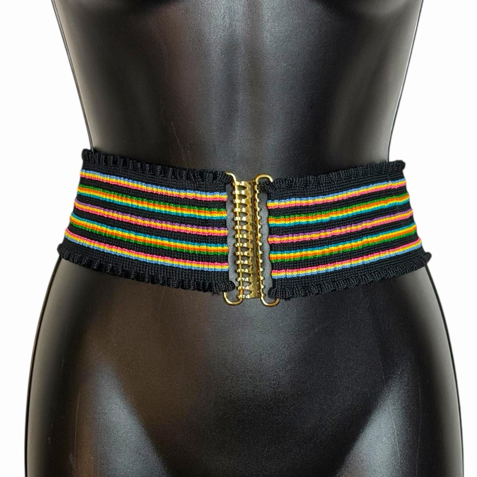 Vintage 80s 90s Metal Chain Belt Colorful Woven Rainbow Small display picture 3