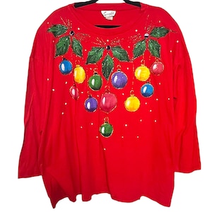 Vintage Christmas Ornament T Shirt 1980s 1990s Painted Glitter Rhinestones Grandmacore Cottagecore Holiday Party Long Sleeve Ugly Tacky 2XL