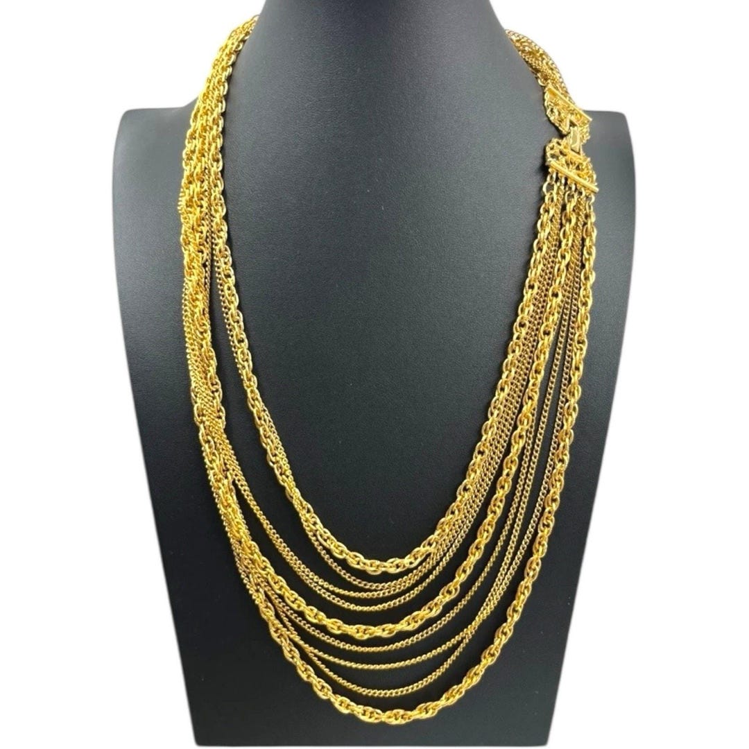Funky R Gold Chain Vintage Midcentury Gold Chain Necklace 1960s 1970s Muli Strand Retro ...