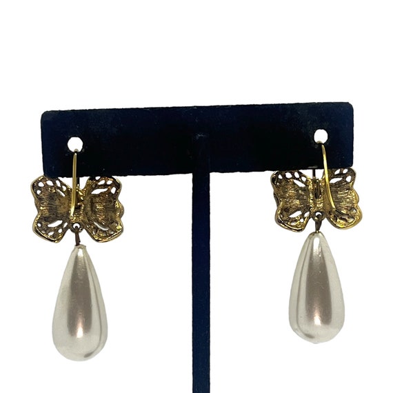 CHARMING Vintage Pearl Bow Earrings 1980s 1990s G… - image 3