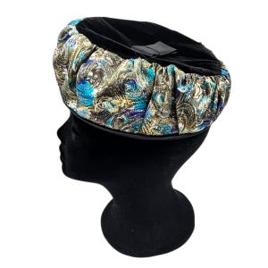Vintage Brocade & Velvet Pillbox Hat Blue Gold Black Midcentury Fabric Union Made Statement Gift for Her Pinup Girl Rockabilly Retro MCM