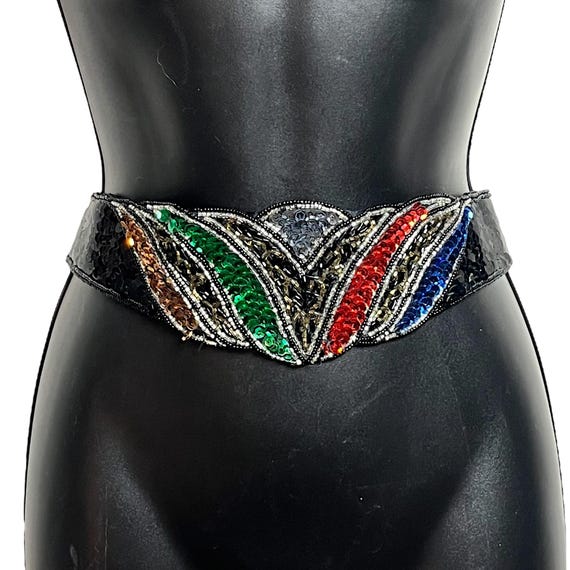Vintage Magid Sequin Cummerbund Belt 1980s 1990s Wide Beaded 
