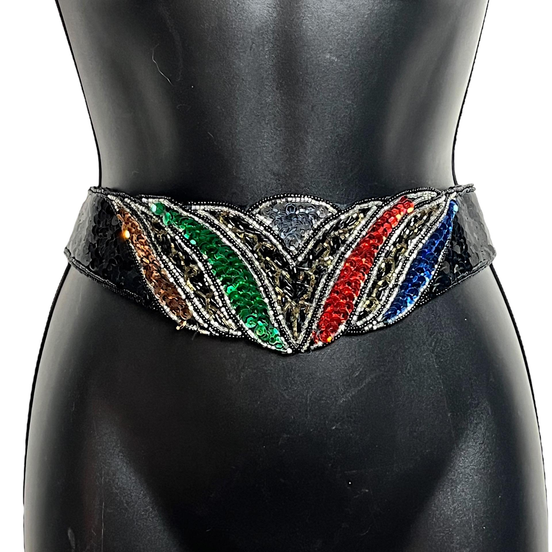Beaded Vintage Black Gold Multi Colored Feather Cummerbund Wide Belt Size M Beaded Cummerbund - Etsy main image 2