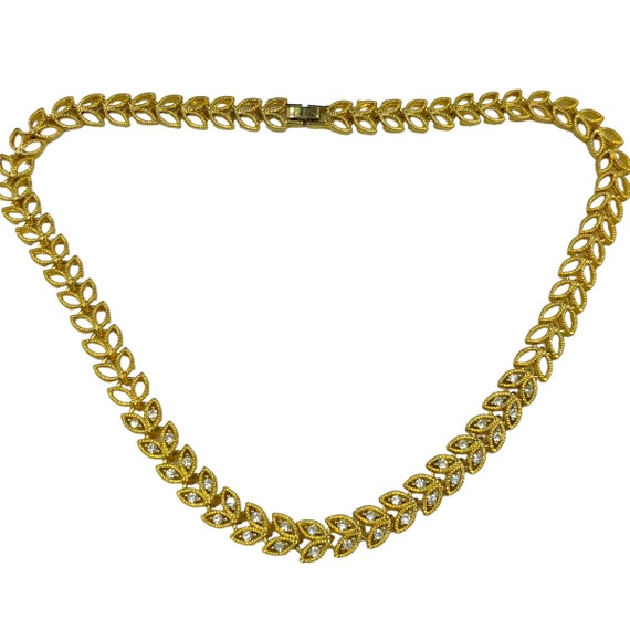 Vintage Gold Rhinestone Leaf Necklace 1960s 1970s… - image 2