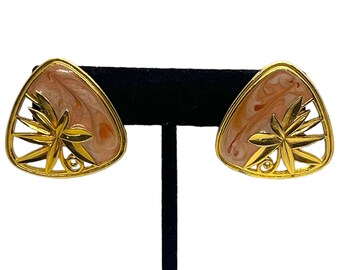 EXQUISITE Vintage Edgar Berebi Enamel Earrings 1980s 1990s Pierced Gold Tone Pink Metallic Abstract Leaf Flower Triangle Statement Jewelry