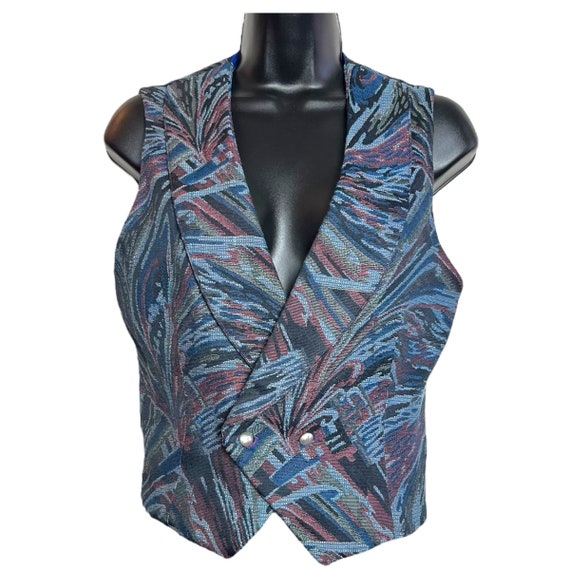 Vintage Blue Abstract Tapestry Vest 1970s 1980s S… - image 1