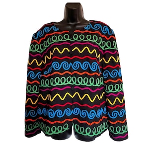 Vintage Colorful Jacket Blazer 1980s 1990s Retro Runway Chic Black Multicolor Spiral Ribbon Appliqué  Size L by Maggy London Petites