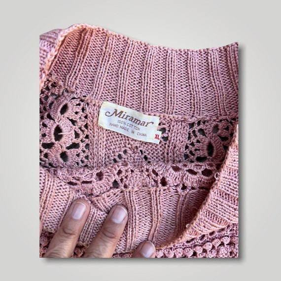 Vintage Pink Crocheted Sweater 1970s 1980s Batwin… - image 3