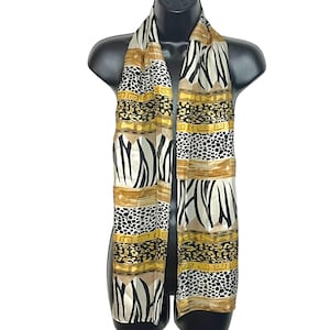 Vintage Striped Animal Print Scarf 1980s 1990s Sheer Leopard Cheetah Black & White Zebra Silk Statement Accessory Gift for Her