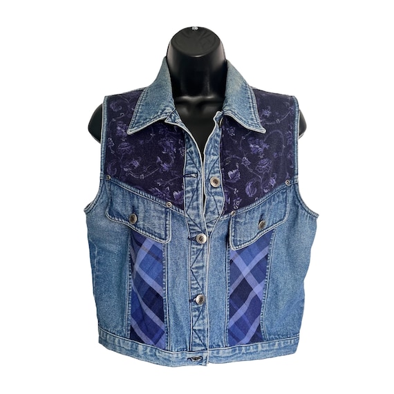 Vintage Cropped Denim Vest Plaid Patchwork Floral… - image 1