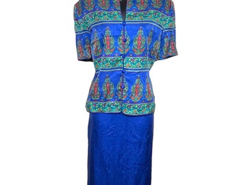 Traje de falda de seda vintage de Adrianna Papell, estilo Art Nouveau, talla grande 16
