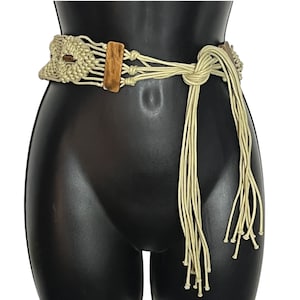Vintage Macrame Wood Beaded Belt 1960s 1970s Long Hippie Fringed Tie Sash Wrap Womens Festival Western Fashion Accessory Size M L