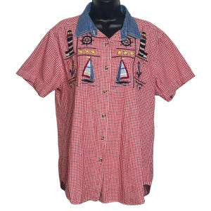 Vintage Cottagecore Nautical Blouse 1980s 1990s Red Gingham Sailboat Embroidered Short Sleeve Retro Grandmacore Size L by Bobbie Brooks