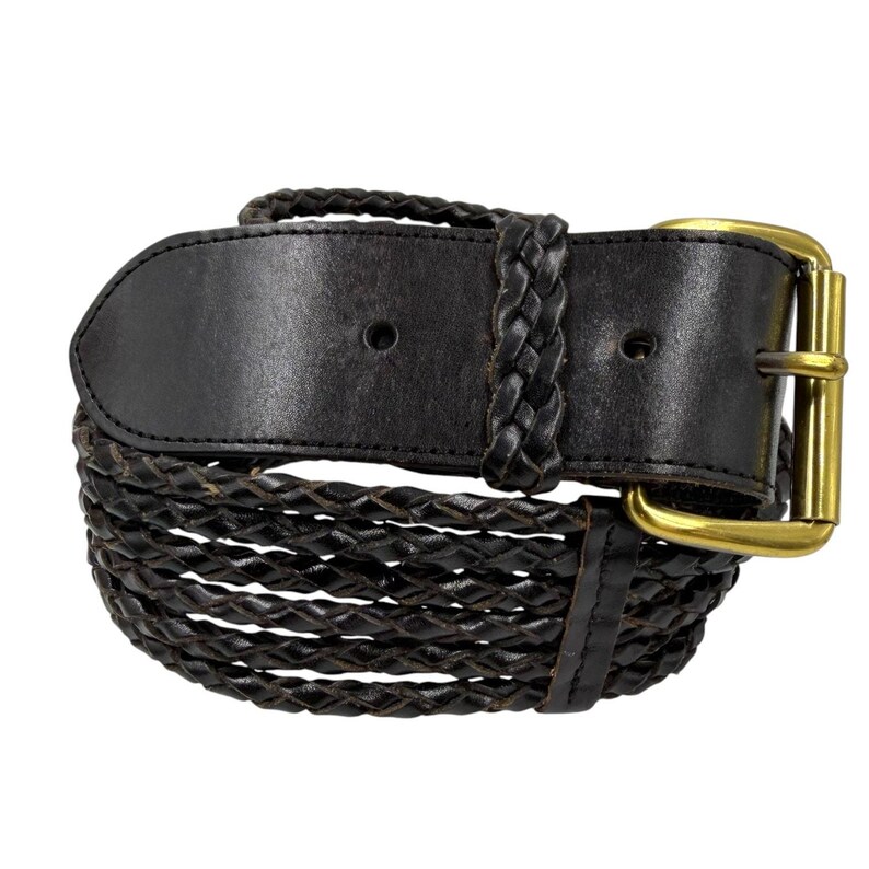 Vintage Brighton 80s 90s Black Braided Stretch Leather Belt Brass Buckle Size L image 2
