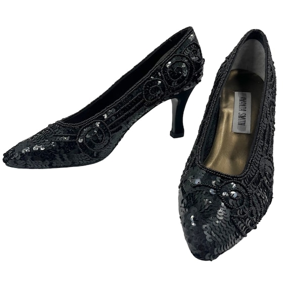 Vintage Black Beaded Sequin Heels Shoes 1980s 199… - image 1