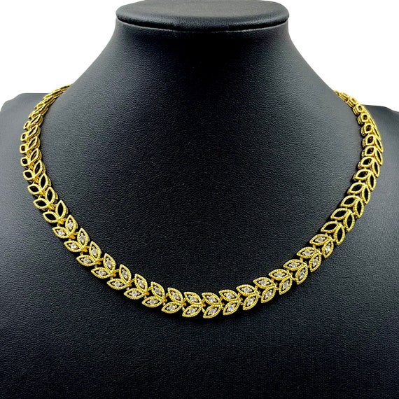 Vintage Gold Rhinestone Leaf Necklace 1960s 1970s… - image 1