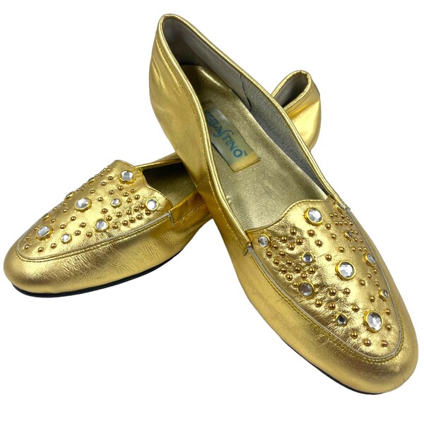 Vintage Gold Rhinestone Loafer Flats 1980s 1990s Leather Jeweled Retro Shoes by Sebastino Size 8 M