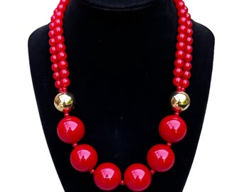 DYNAMIC Vintage Monet Cherry Red Lucite Beaded Necklace 1980s 1990s Gold Chunky Designer Statement Jewelry