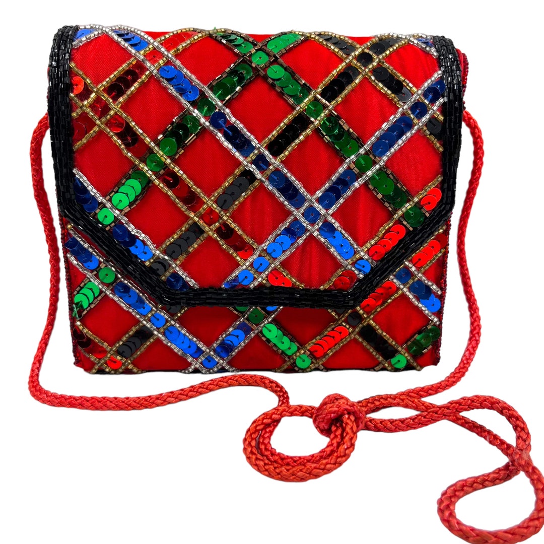 Vintage Red Plaid Sequin Purse 1980s 1990s Satin Gold Green Etsy