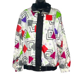 Vintage Colorful Geometric Spiral Windbreaker 1980s 1990s Jacket Black White Multicolor Oversized Retro Statement Size M by Coastal Images
