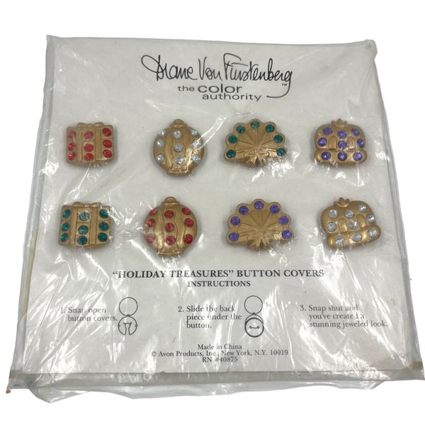 Vintage 1980s 1990s Button Covers DVF For Avon Gold Tone Multicolor Lucite Jeweled Holiday Treasures Christmas Diane Von Furstenburg