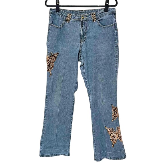 Vintage Arizona Jeans 1990s Y2K Leopard Cheetah Animal Print Butterfly Appliques Retro Kidcore Cottagecore Plus Size 16 1/2 R