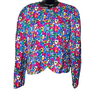 Vintage Multicolor Floral Silk Blazer Jacket 1980s 1990s Lightweight Retro Cheerful Colorful Flowers by Adrianna Papell Size 12