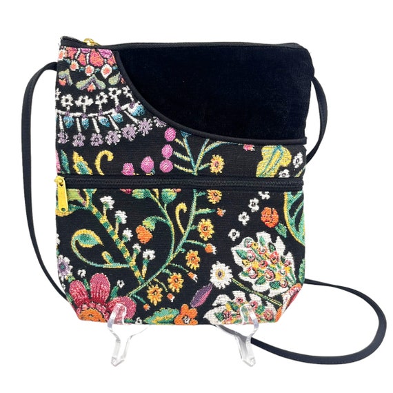Vintage Black Floral Tapestry Purse 1980s 1990s Fabric Crossbody