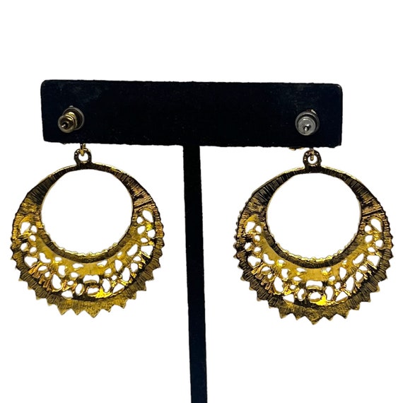 Vintage Gold Hoop Drop Earrings 1980s 1990s Ornat… - image 3
