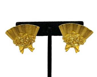 Vintage Victorian Revival Fan Earrings 1980s 1990s Matte Gold Floral Chunky Art Nouveau Deco Style Romantic Statement Jewelry