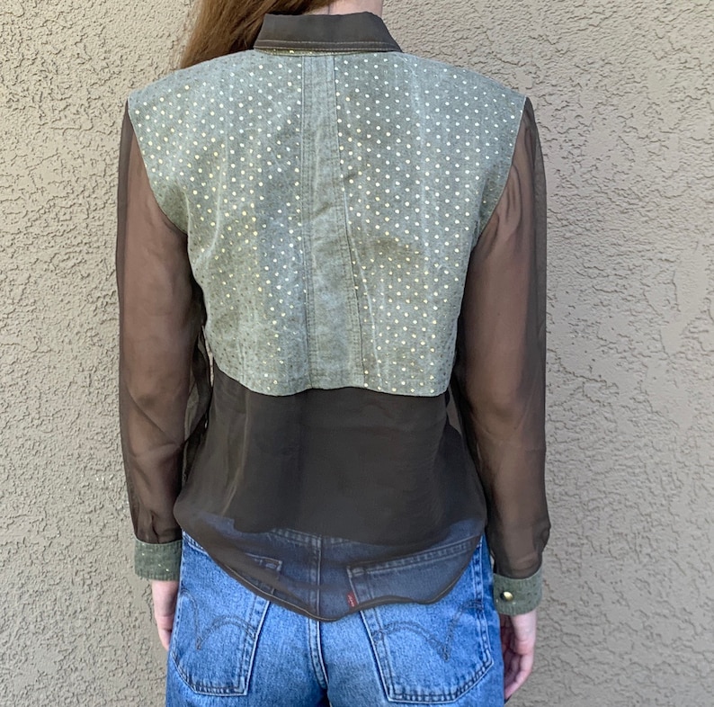 SUPERB Vintage Vera Cristina Blouse 1980s 1990s Runway Couture Khaki Green Quilted Denim with Sheer Chiffon Sleeves Gold Polka Dot Studded S