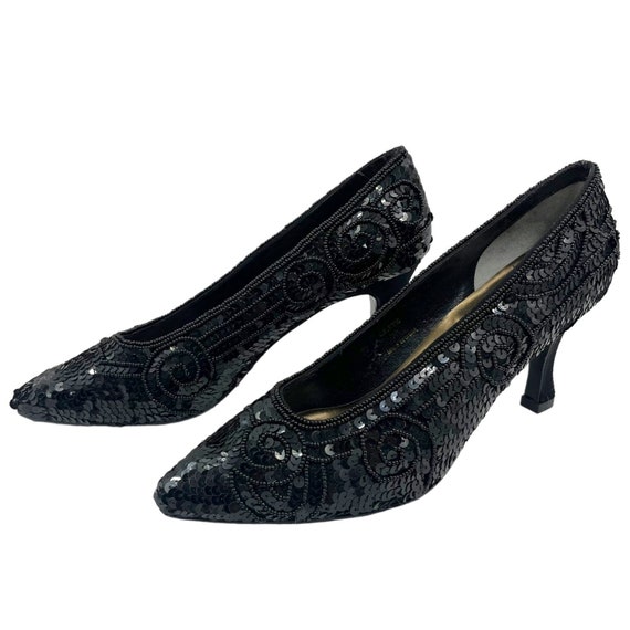 Vintage Black Beaded Sequin Heels Shoes 1980s 199… - image 2