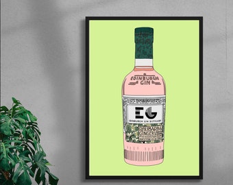 Edinburgh rhubarb and ginger gin liquor bottle digital art print | available in different sizes | alcohol print fun art | gin poster