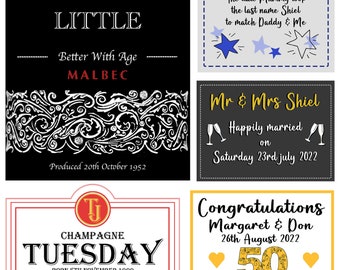 Custom personalised bottle label any size any text any occasion birthday anniversary wedding made to order