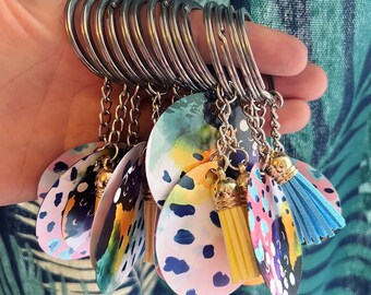 Bright double sided round keyring with coloured tassel detail | high quality printed wooden keyring with vinyl | gifts | keychain