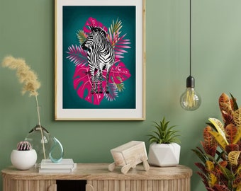 Zebra tropical art print bright florals green and pink | Art print | Homeware | Gifting | Emerald green