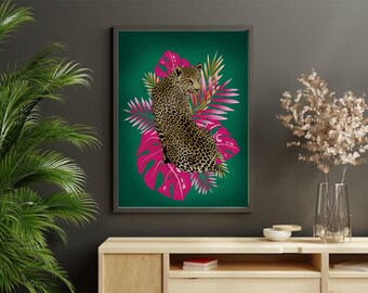 Leopard tropical art print bright florals green and pink | Art print | Homeware | Gifting | Emerald green