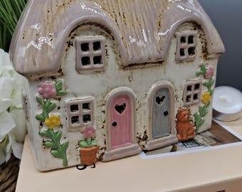 Cerámica Crema Casa Doble Techo de Paja Vela a la Luz Regalos de Cumpleaños Navidad