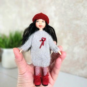 OOAK Miniature Polymer Clay Doll, Knitted Dress, Red Beret, 15cm image 7