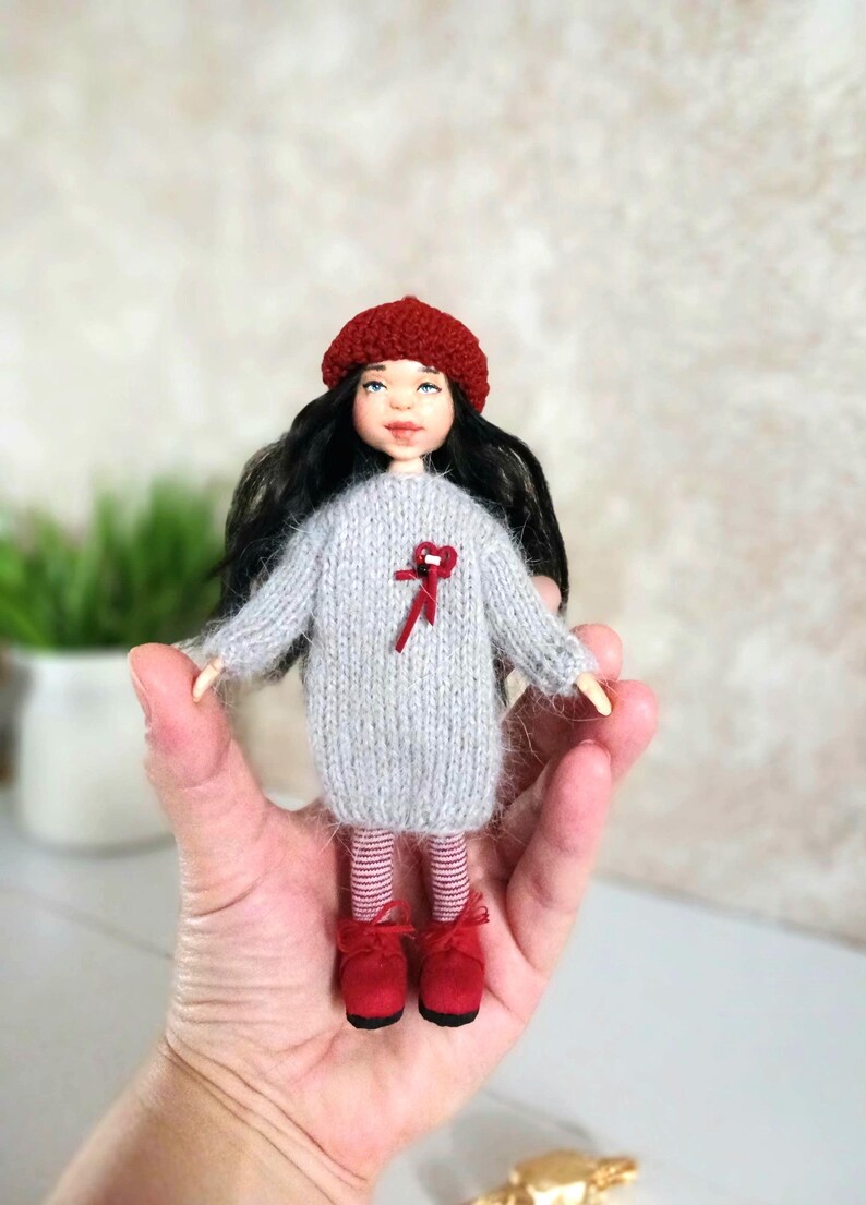 OOAK Miniature Polymer Clay Doll, Knitted Dress, Red Beret, 15cm image 7