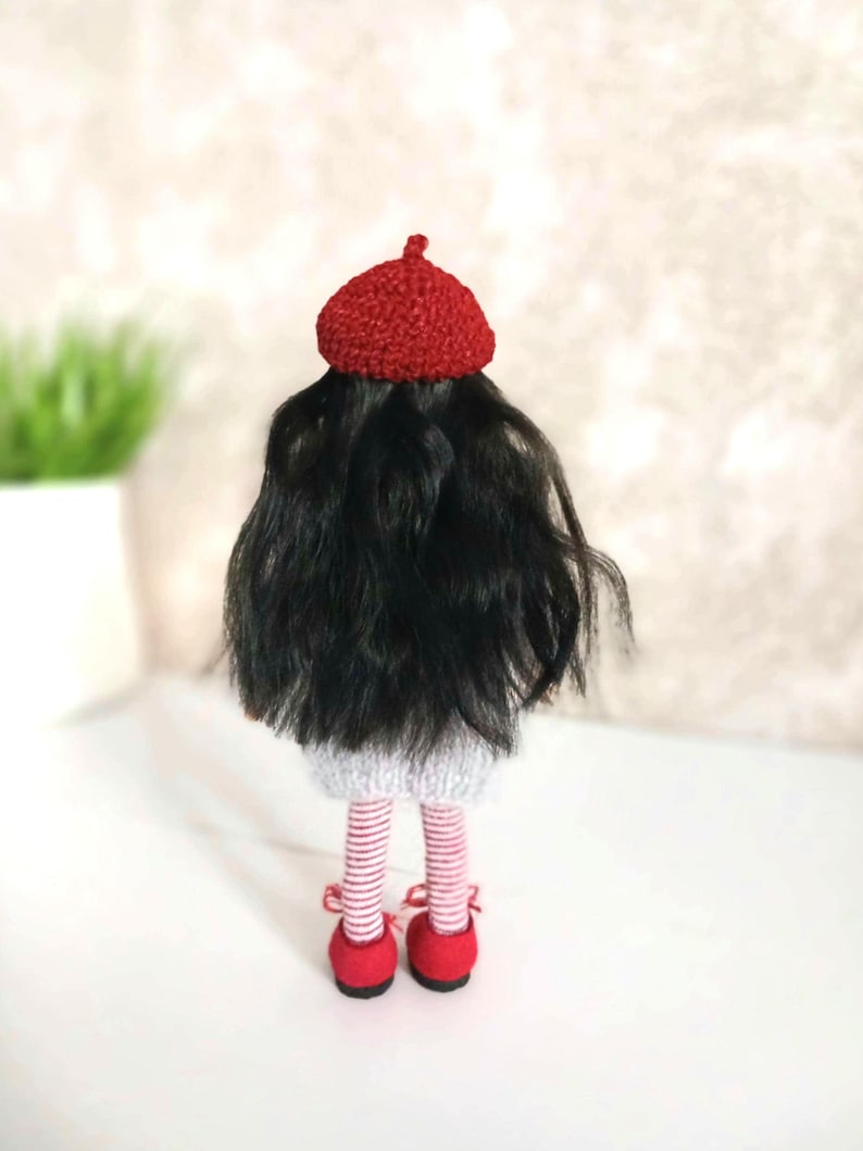 OOAK Miniature Polymer Clay Doll, Knitted Dress, Red Beret, 15cm image 4