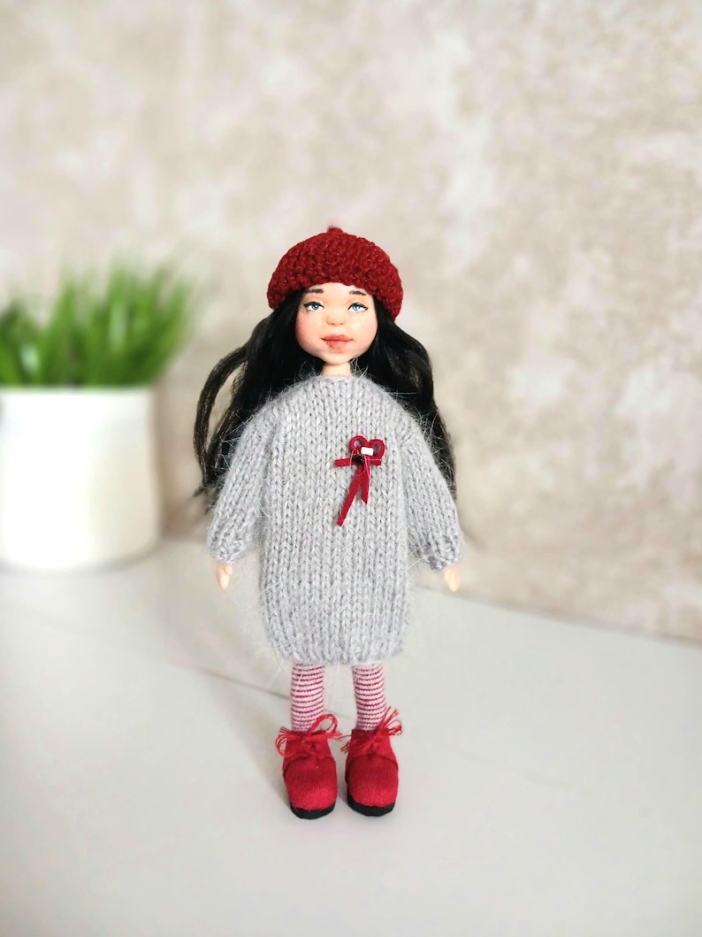 OOAK Miniature Polymer Clay Doll, Knitted Dress, Red Beret, 15cm image 8