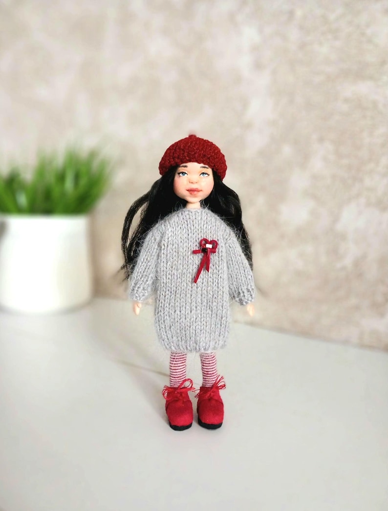 OOAK Miniature Polymer Clay Doll, Knitted Dress, Red Beret, 15cm image 2