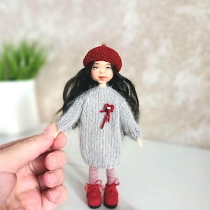 OOAK Miniature Polymer Clay Doll, Knitted Dress, Red Beret, 15cm image 1