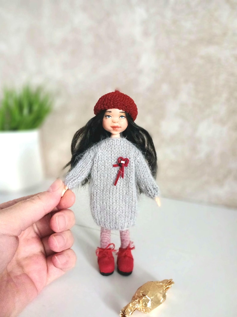 OOAK Miniature Polymer Clay Doll, Knitted Dress, Red Beret, 15cm image 1