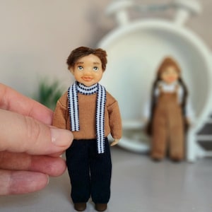 Tiny Handmade Dollhouse Doll: 10cm Miniature Boy with Scarf
