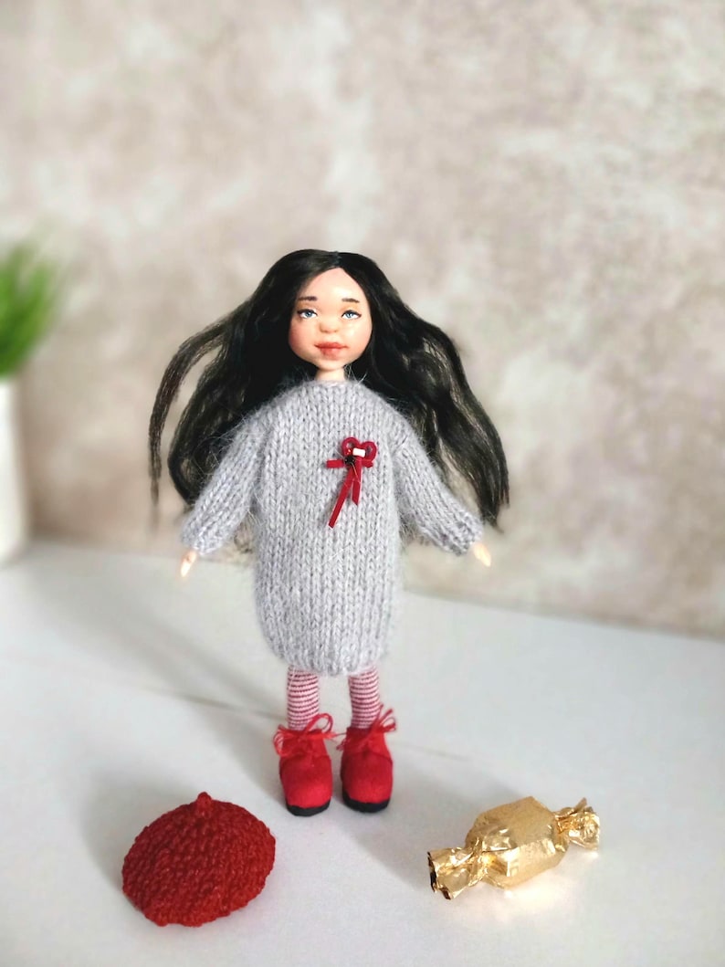 OOAK Miniature Polymer Clay Doll, Knitted Dress, Red Beret, 15cm image 5