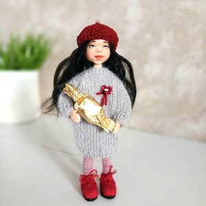 OOAK Miniature Polymer Clay Doll, Knitted Dress, Red Beret, 15cm image 9