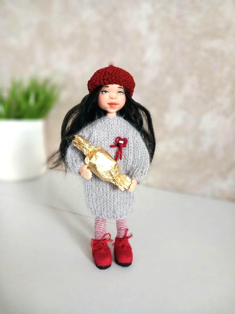 OOAK Miniature Polymer Clay Doll, Knitted Dress, Red Beret, 15cm image 9