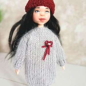 OOAK Miniature Polymer Clay Doll, Knitted Dress, Red Beret, 15cm image 3